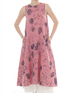 T5607  gingham midi dress with a round neckline, sleeveless design, and side pockets