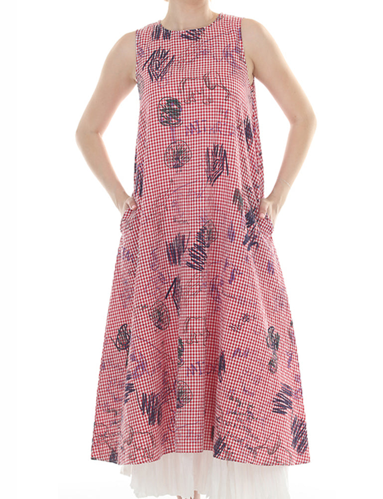 T5607  gingham midi dress with a round neckline, sleeveless design, and side pockets