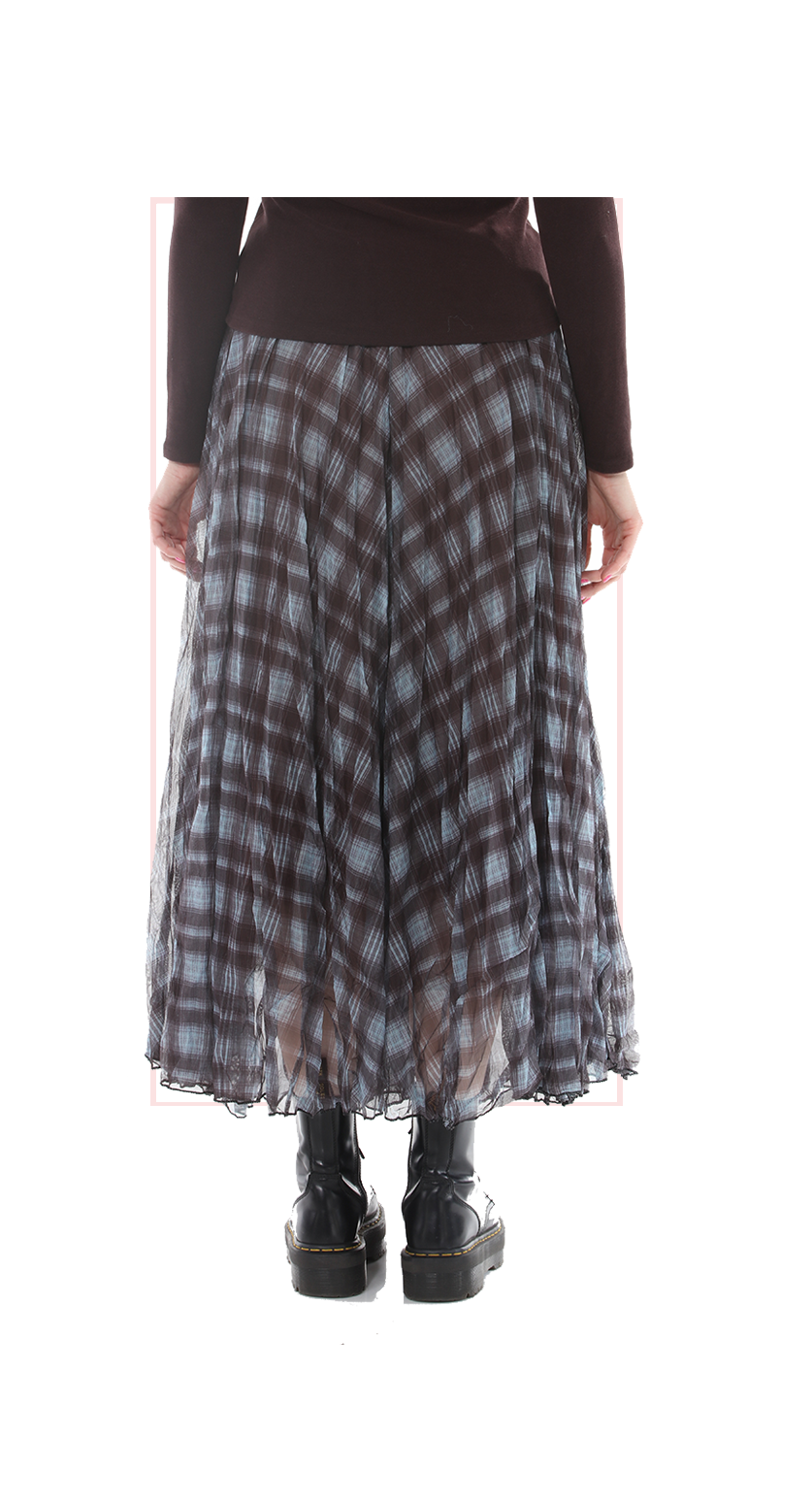 TF-7151:  Double Layer Sheer Plaid Maxi Skirt