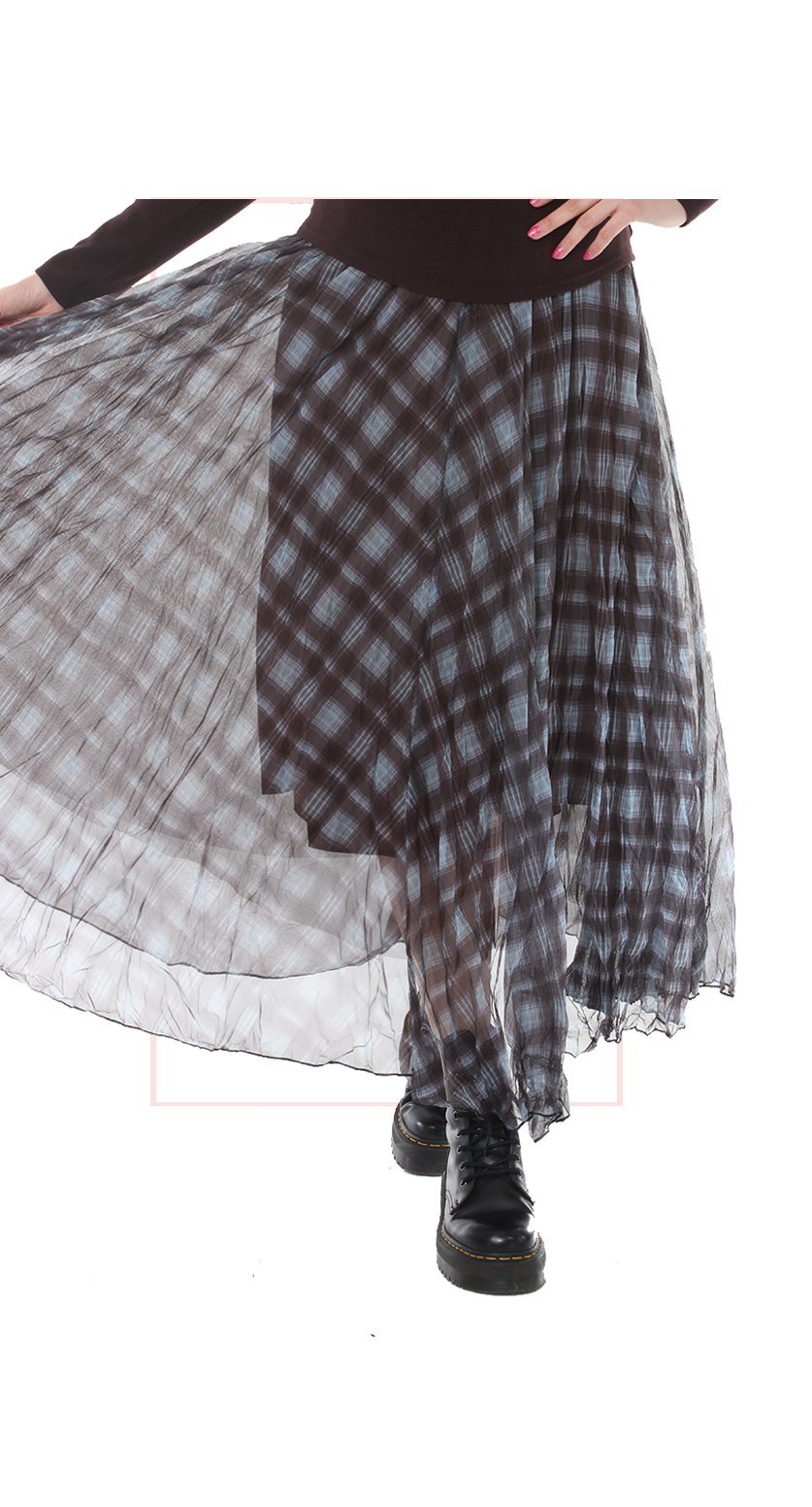 TF-7151:  Double Layer Sheer Plaid Maxi Skirt