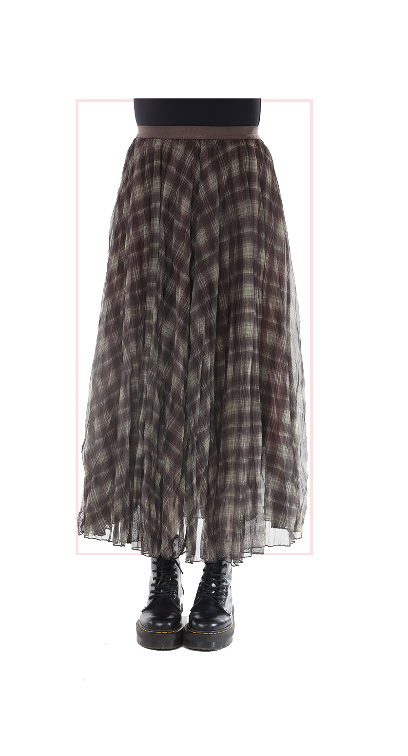 TF-7151:  Double Layer Sheer Plaid Maxi Skirt