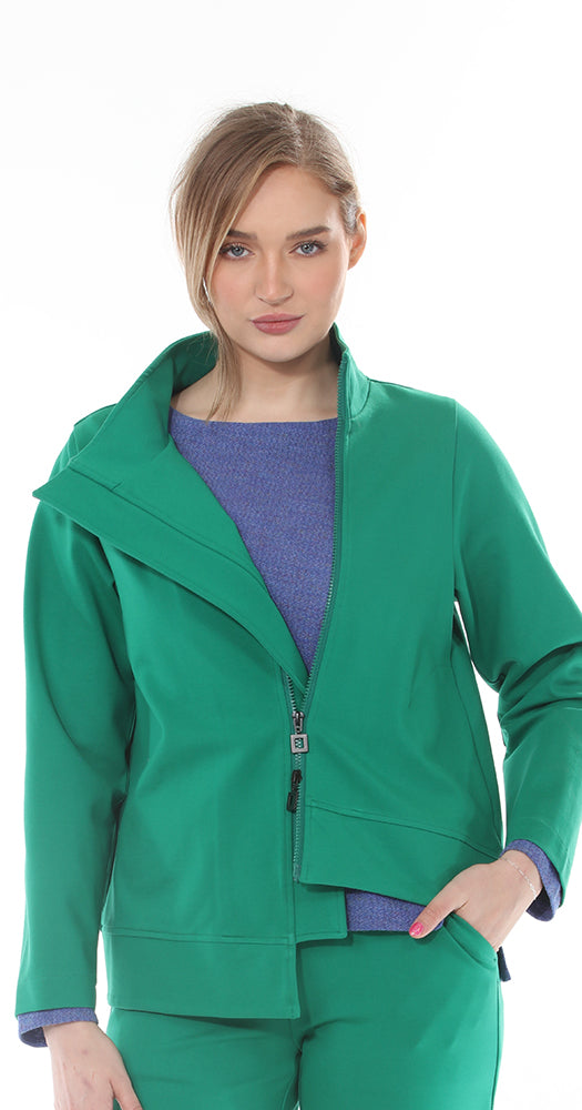 T1-4701 #1-Kelly Green:  Zip up Kelly Green jacket with long sleeves and asymmetrical hem