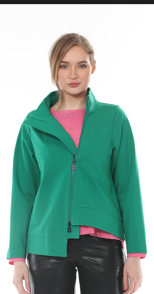 T1-4701 #1-Kelly Green:  Zip up Kelly Green jacket with long sleeves and asymmetrical hem