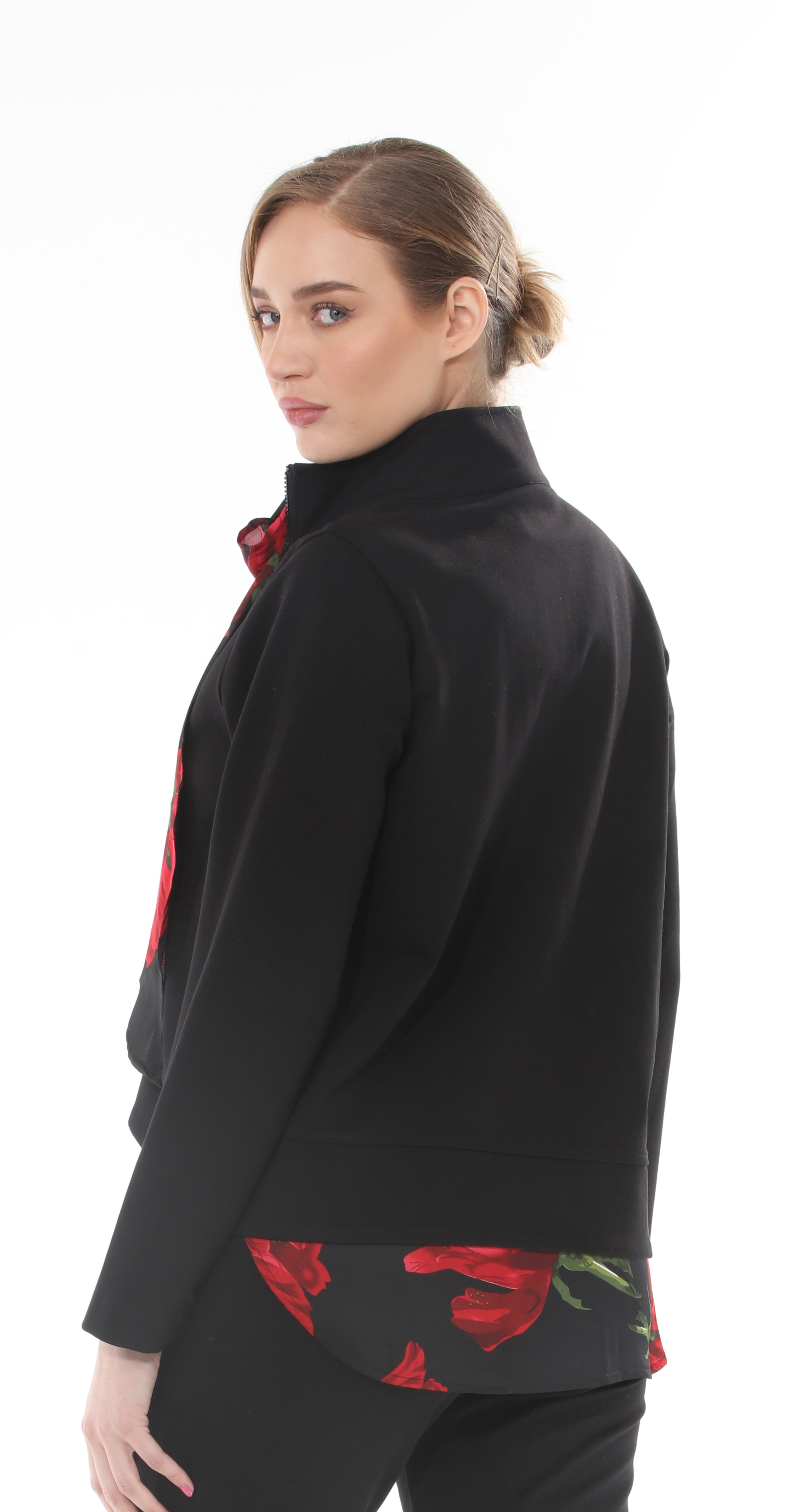 T1-4701 #2-BLACK:  Zip up black jacket with long sleeves and asymmetrical hem