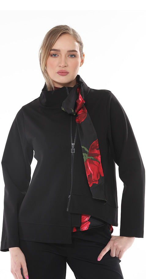 T1-4701 #2-BLACK:  Zip up black jacket with long sleeves and asymmetrical hem