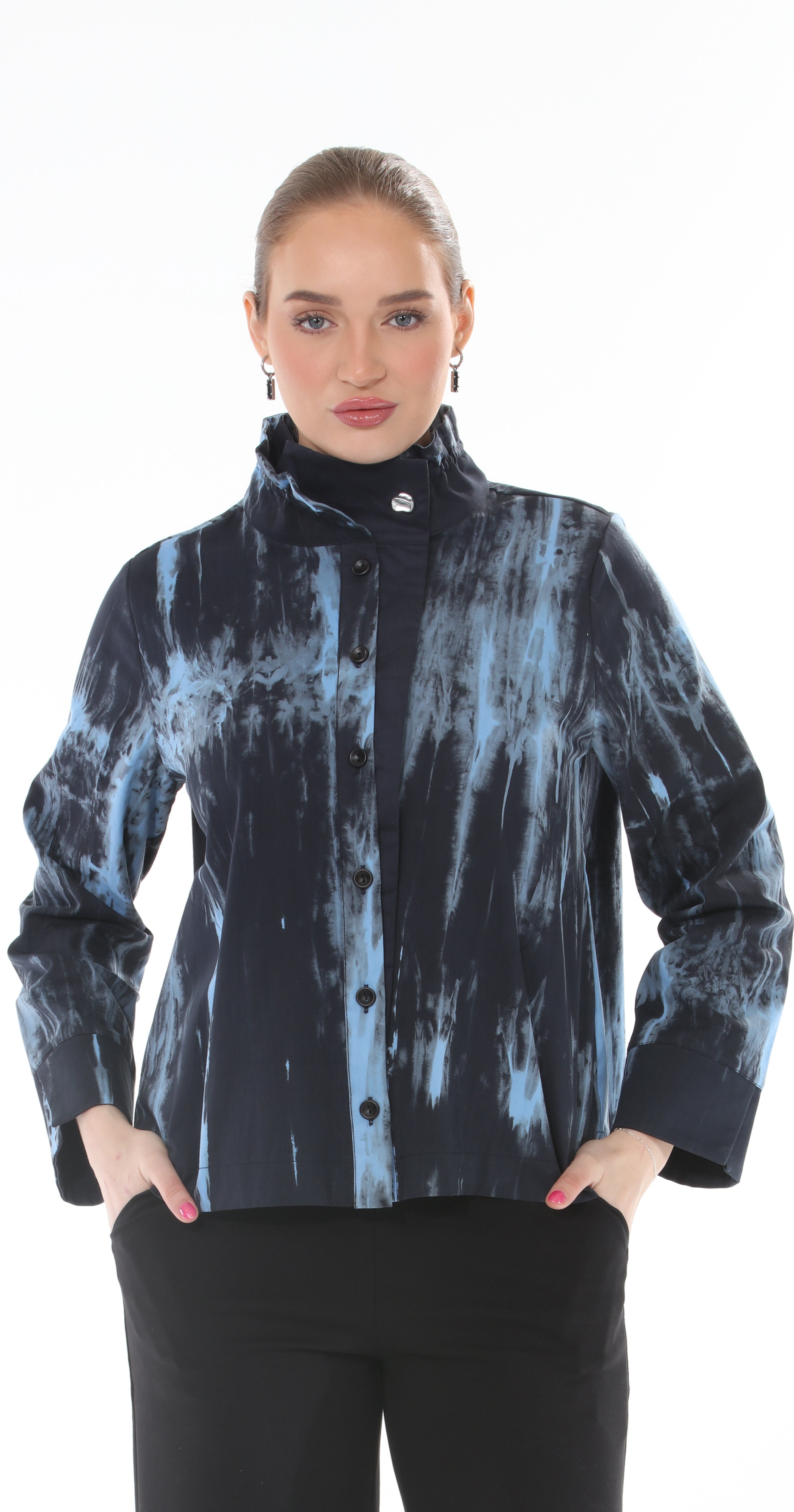 T1-4702 #1 blue: Black, button down long sleeve jacket with a blue tie-dye pattern