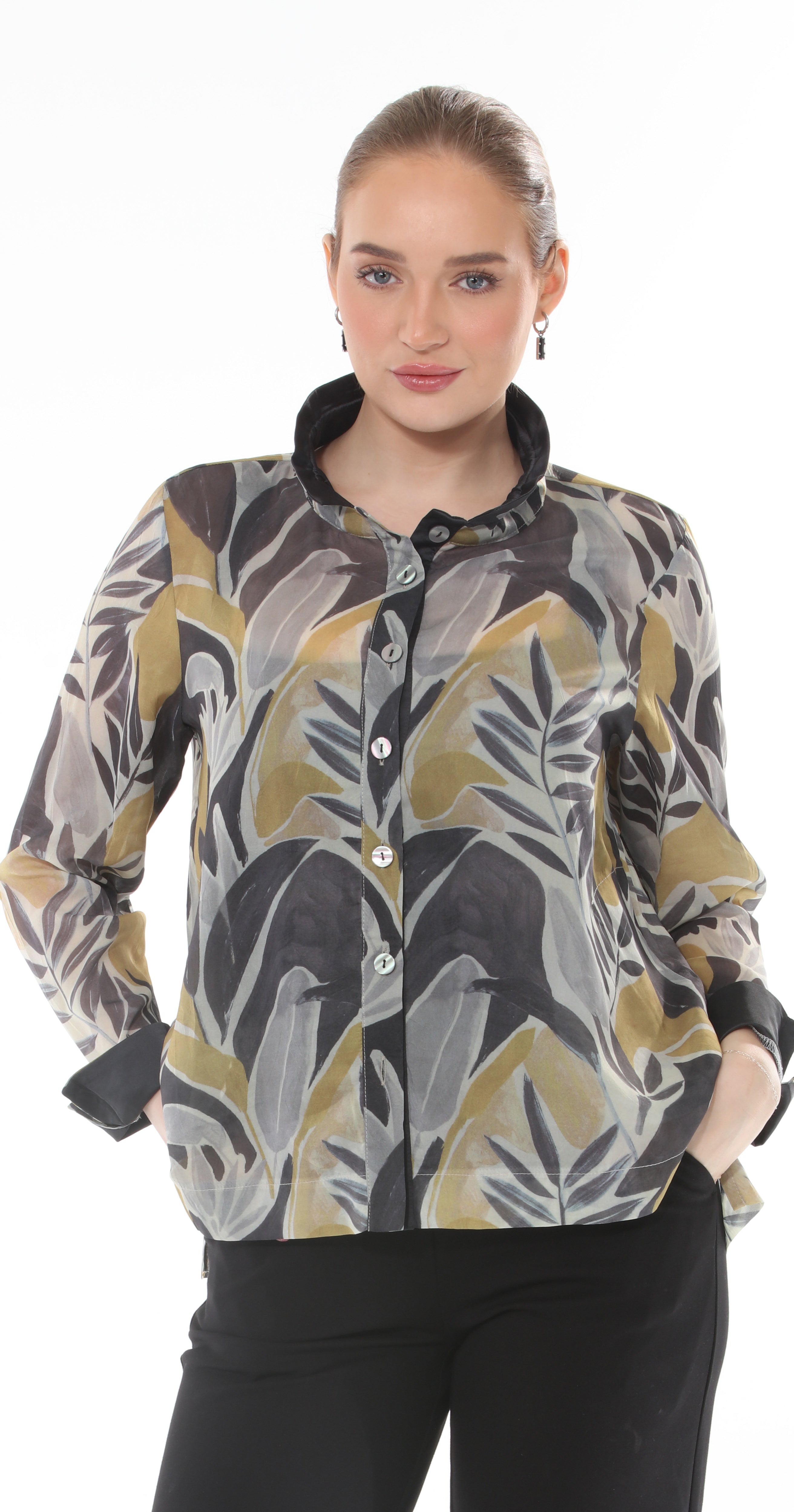 T1-4703 #1-midnight: Button-down long sleeve blouse with floral print and stand up collar