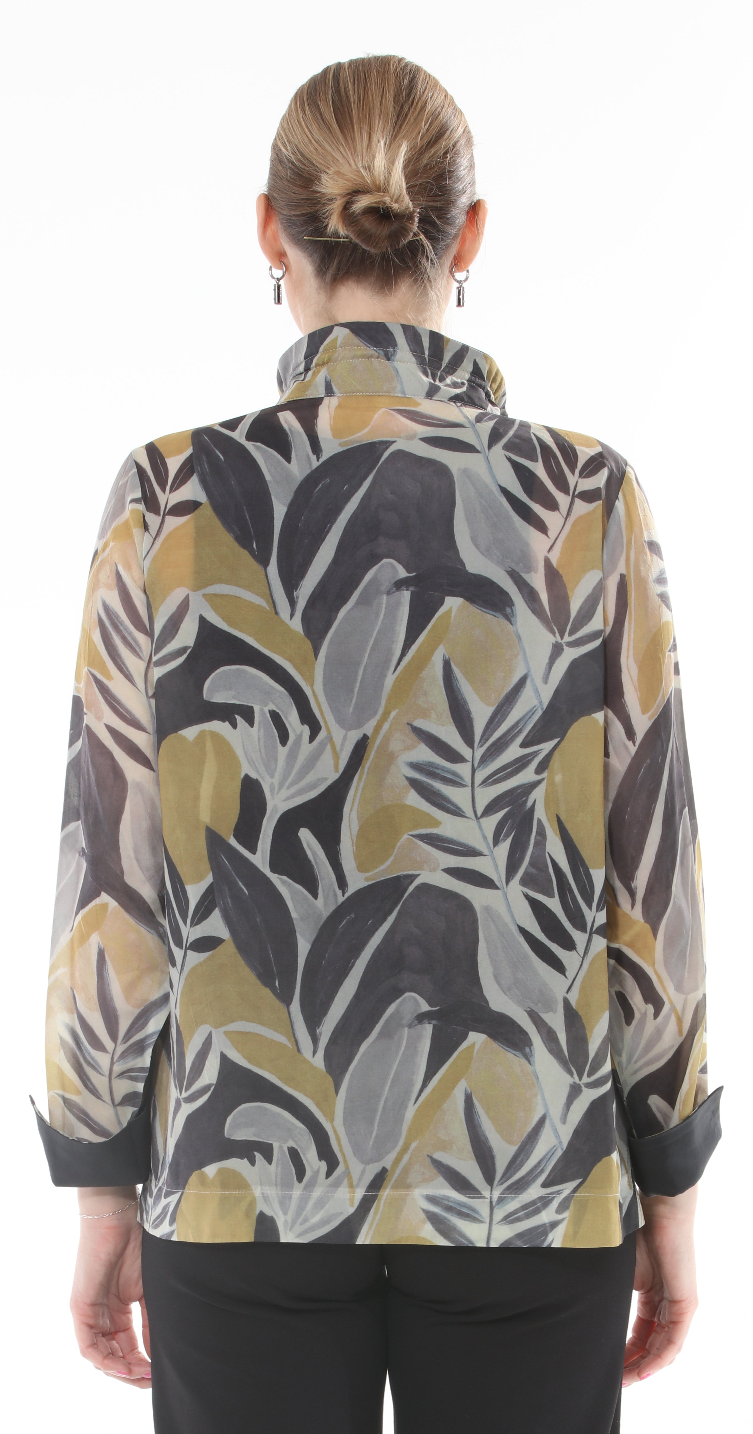 T1-4703 #1-midnight: Button-down long sleeve blouse with floral print and stand up collar