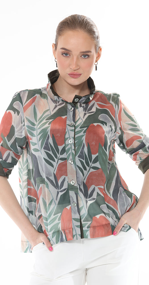 T1-4703 #1-olive: Button-down long sleeve blouse with floral print and stand up collar