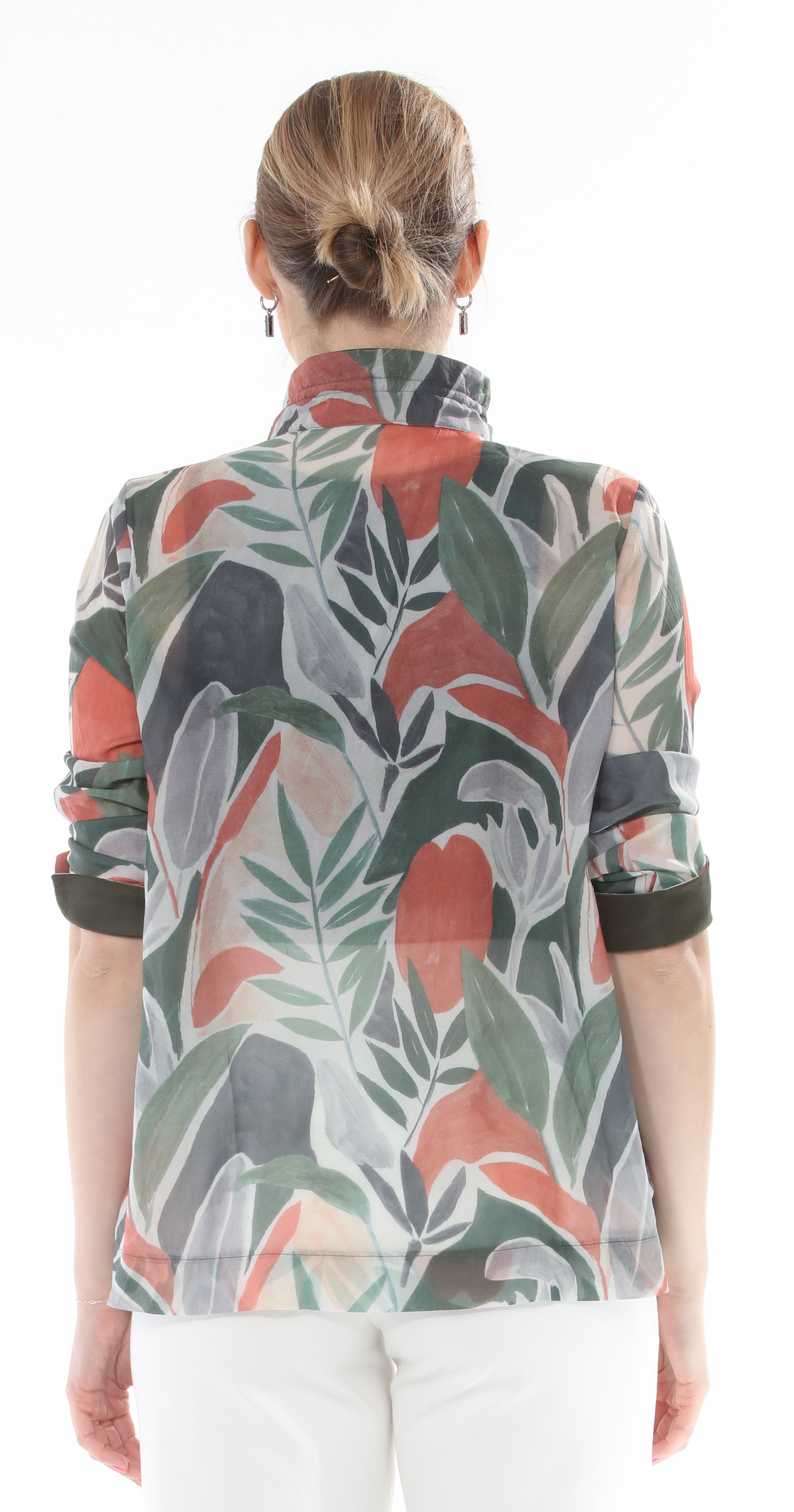 T1-4703 #1-olive: Button-down long sleeve blouse with floral print and stand up collar