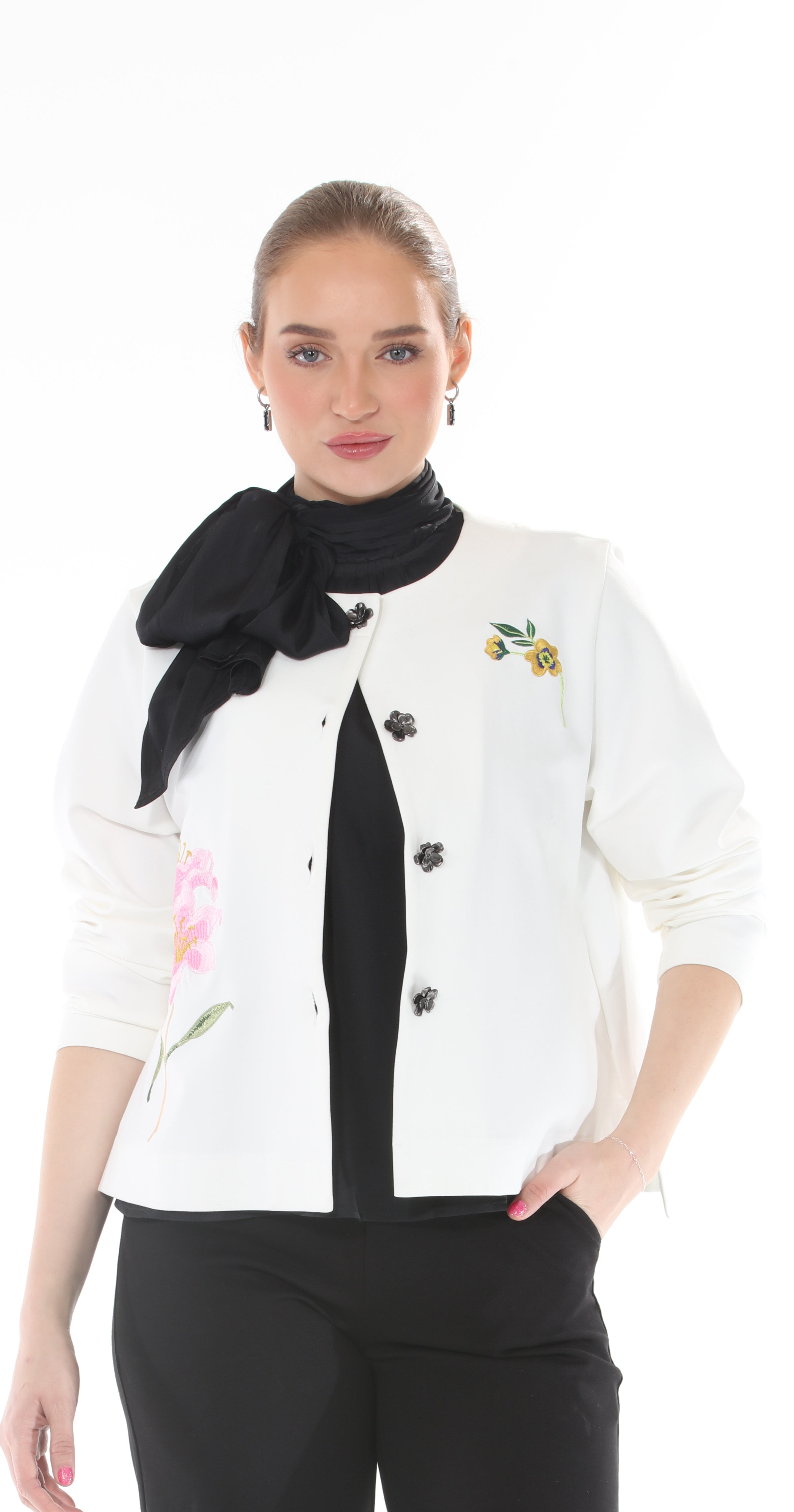 T1-4711 #1-Autumn white:  Elegant White Embroidered Cardigan