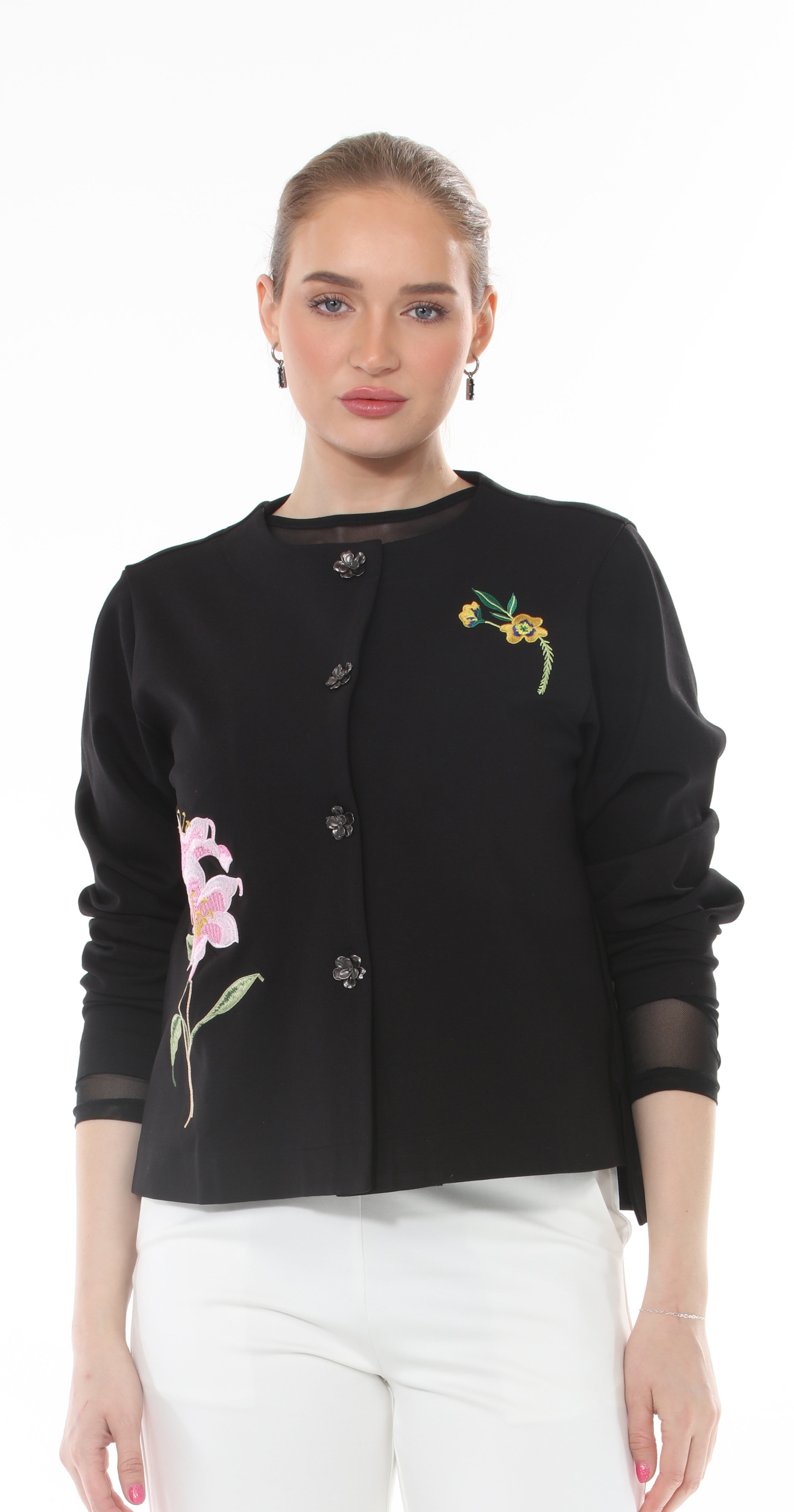 T1-4711 #1-Black:  Elegant Black Embroidered Cardigan