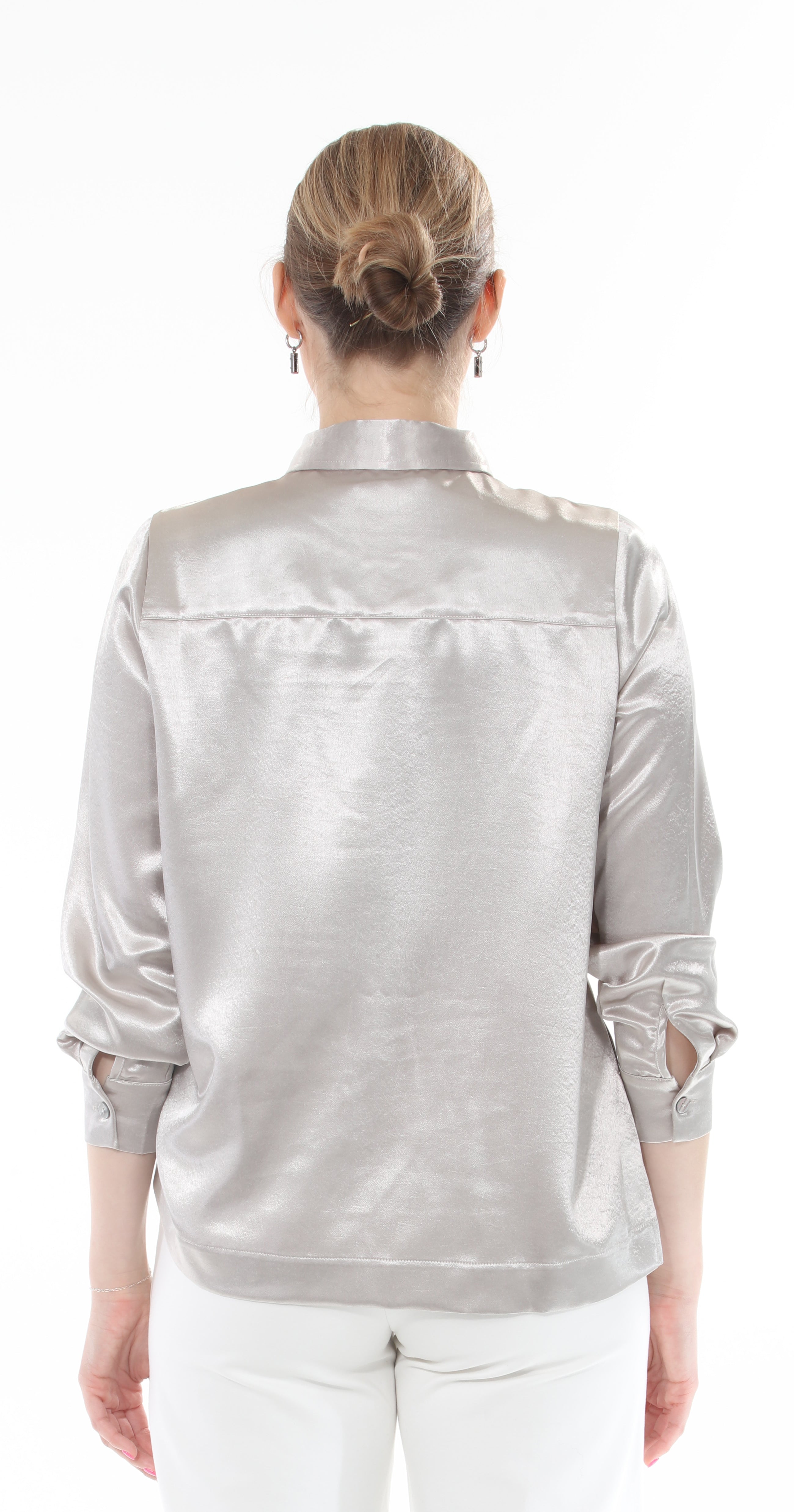 T1-4712 #1-Lt. Taupe:  Elegant Satin Blouse with Tie Detail