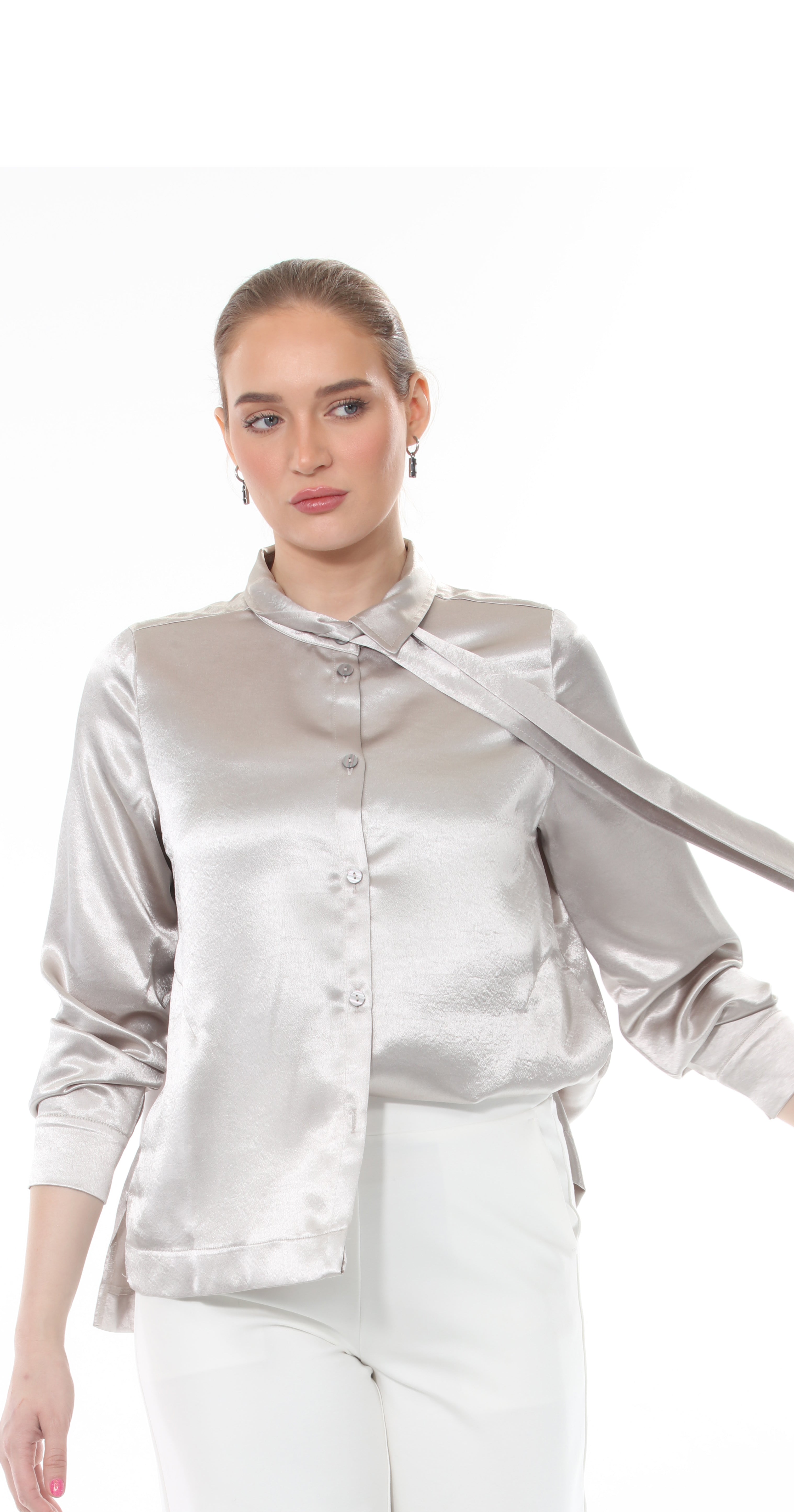T1-4712 #1-Lt. Taupe:  Elegant Satin Blouse with Tie Detail