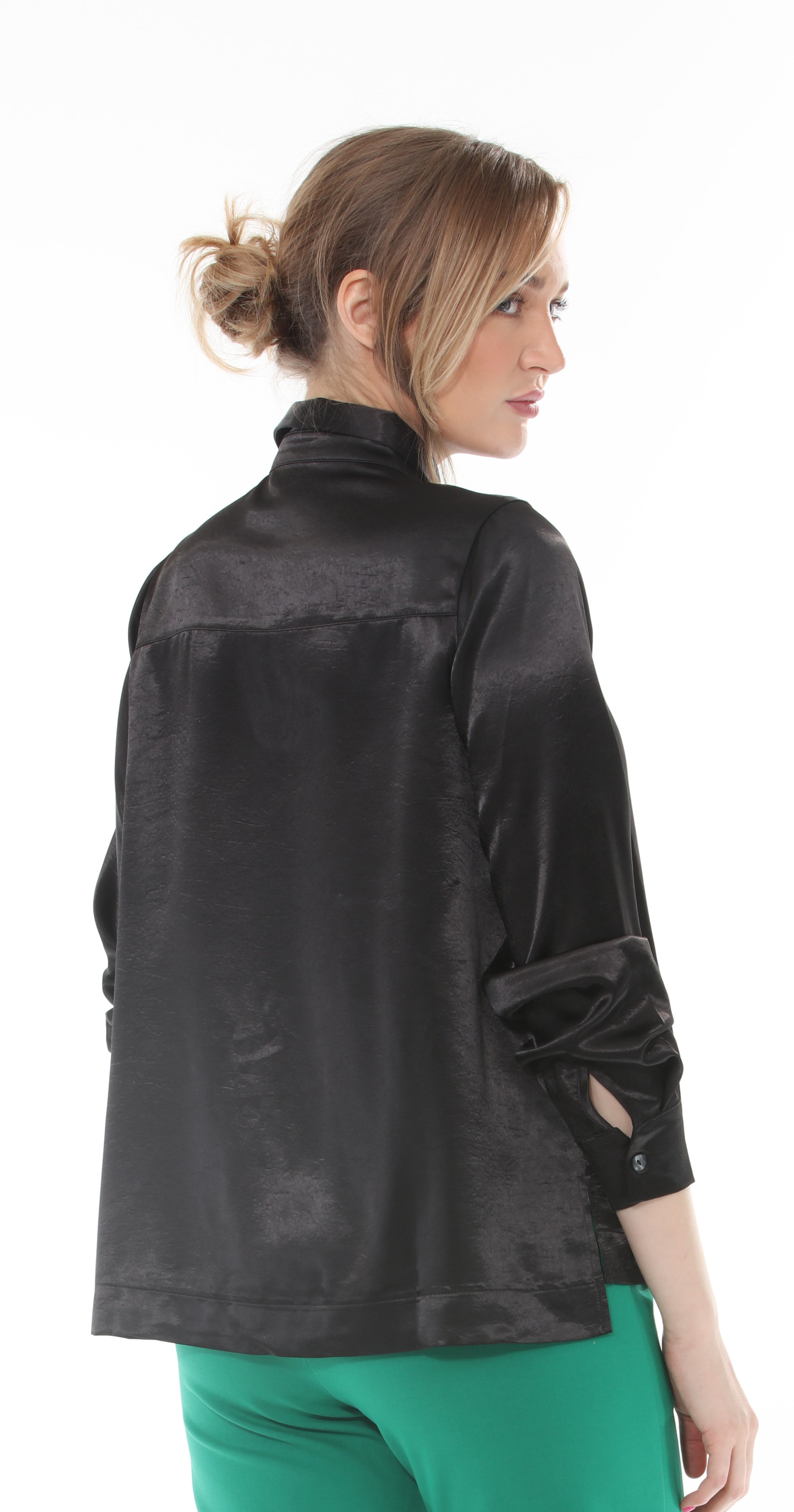 T1-4712 #2-Black:  Elegant Satin Blouse with Tie Detail