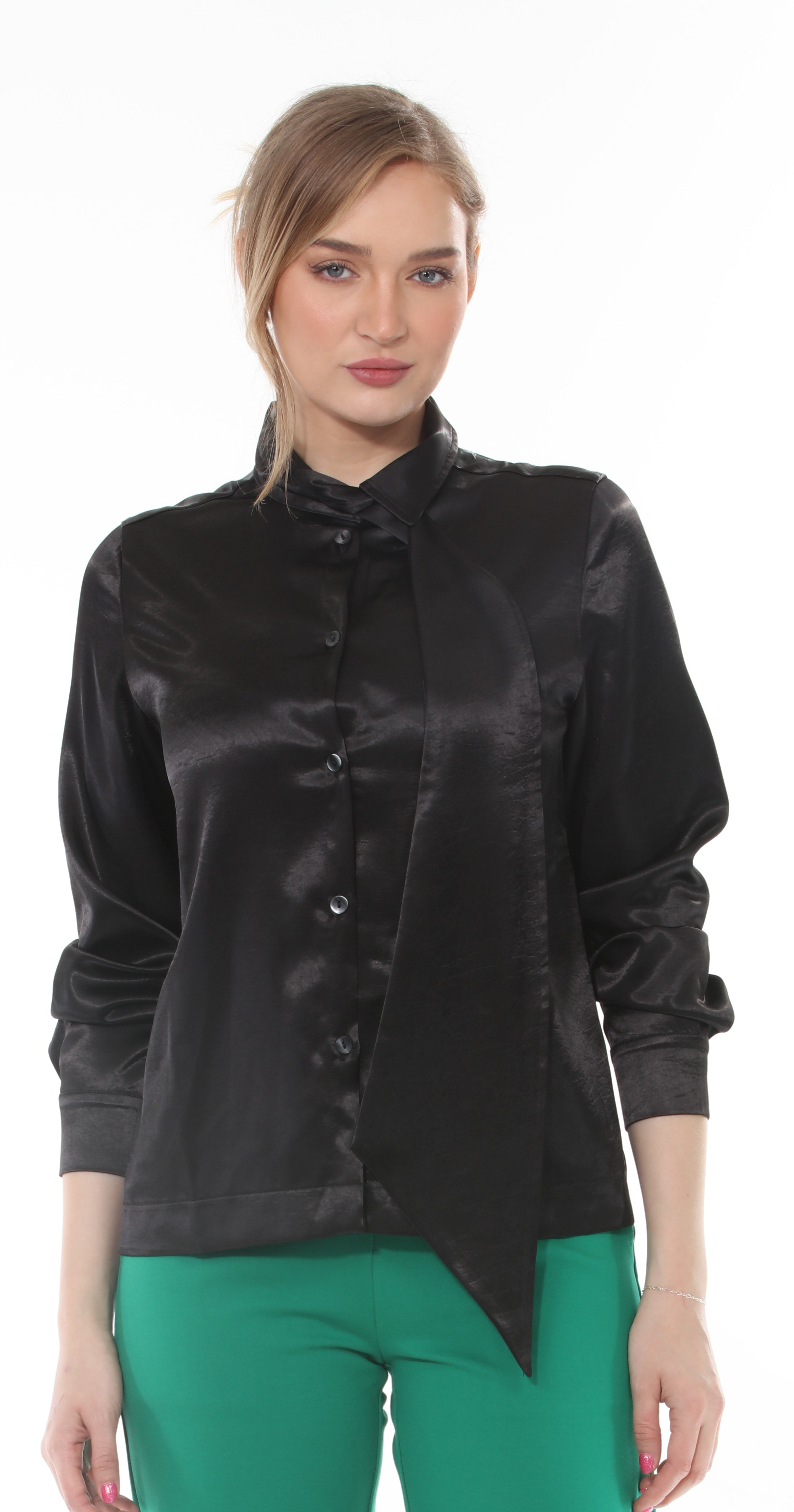 T1-4712 #2-Black:  Elegant Satin Blouse with Tie Detail