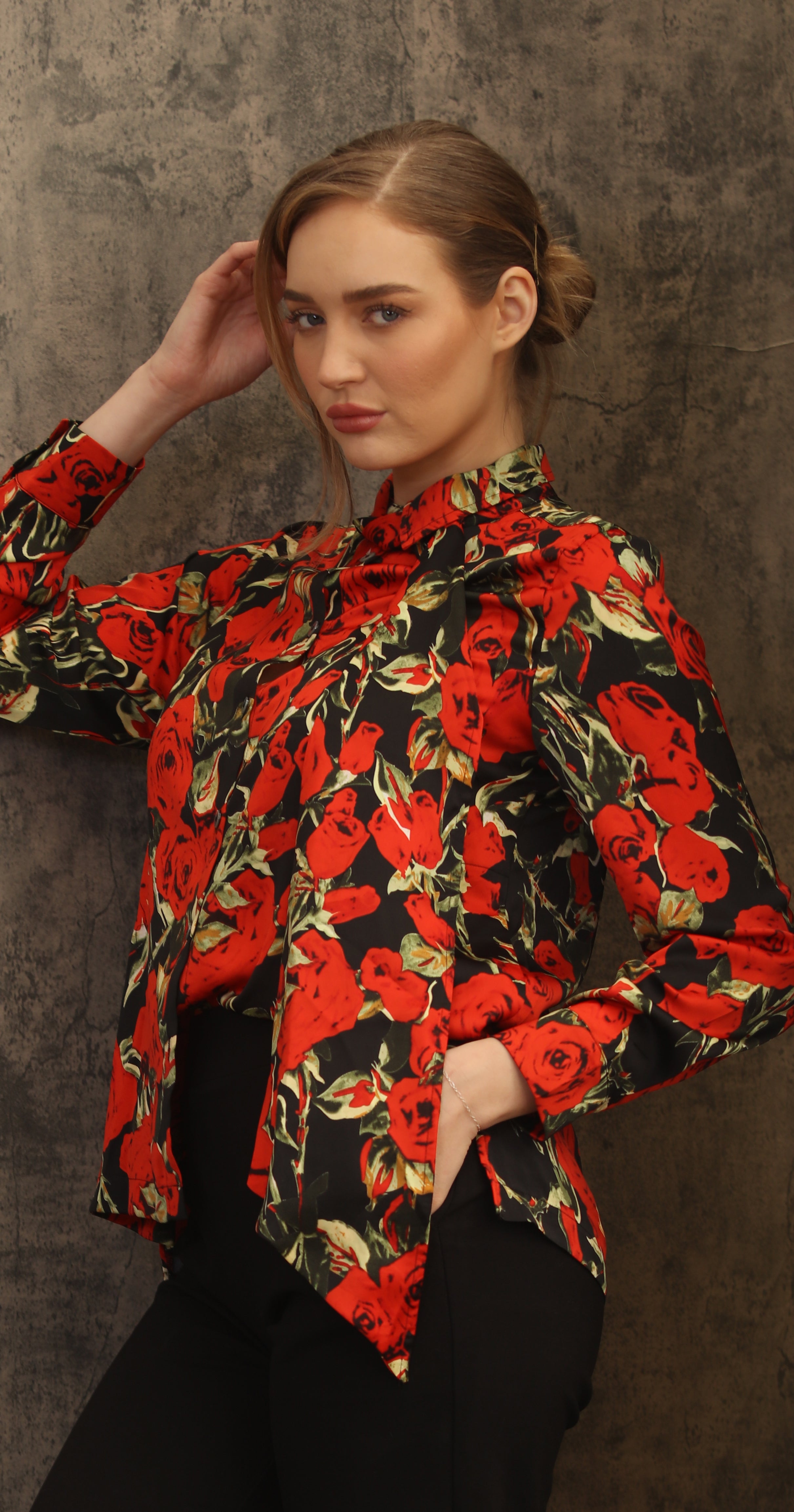 T1-4713 #1-Roses: Long sleeve, button down, floral print blouse with asymmetrical hem