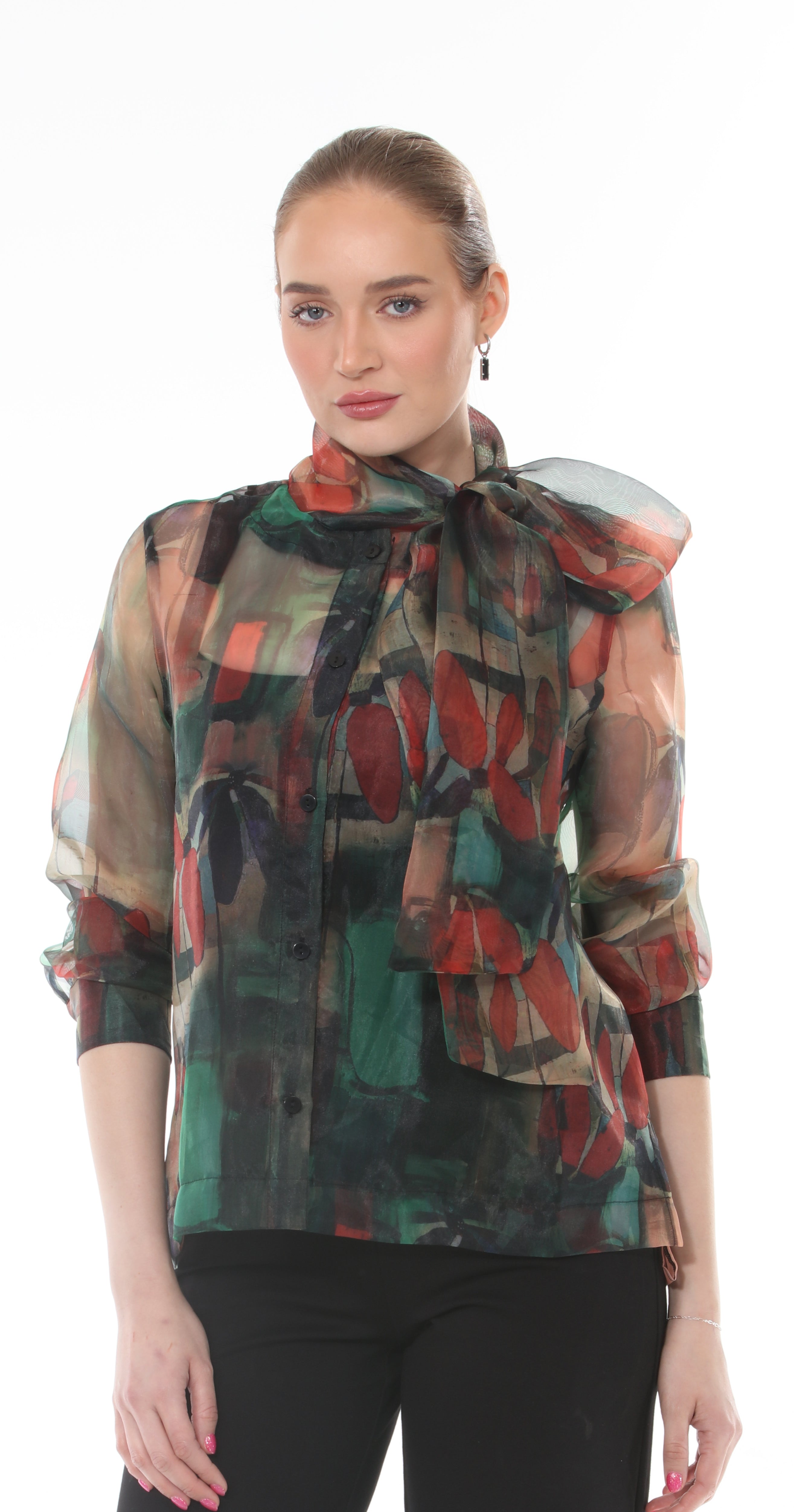 t1-4714 #1-Autumn:  Abstract print blouse with 3/4 sleeves and bow neckline