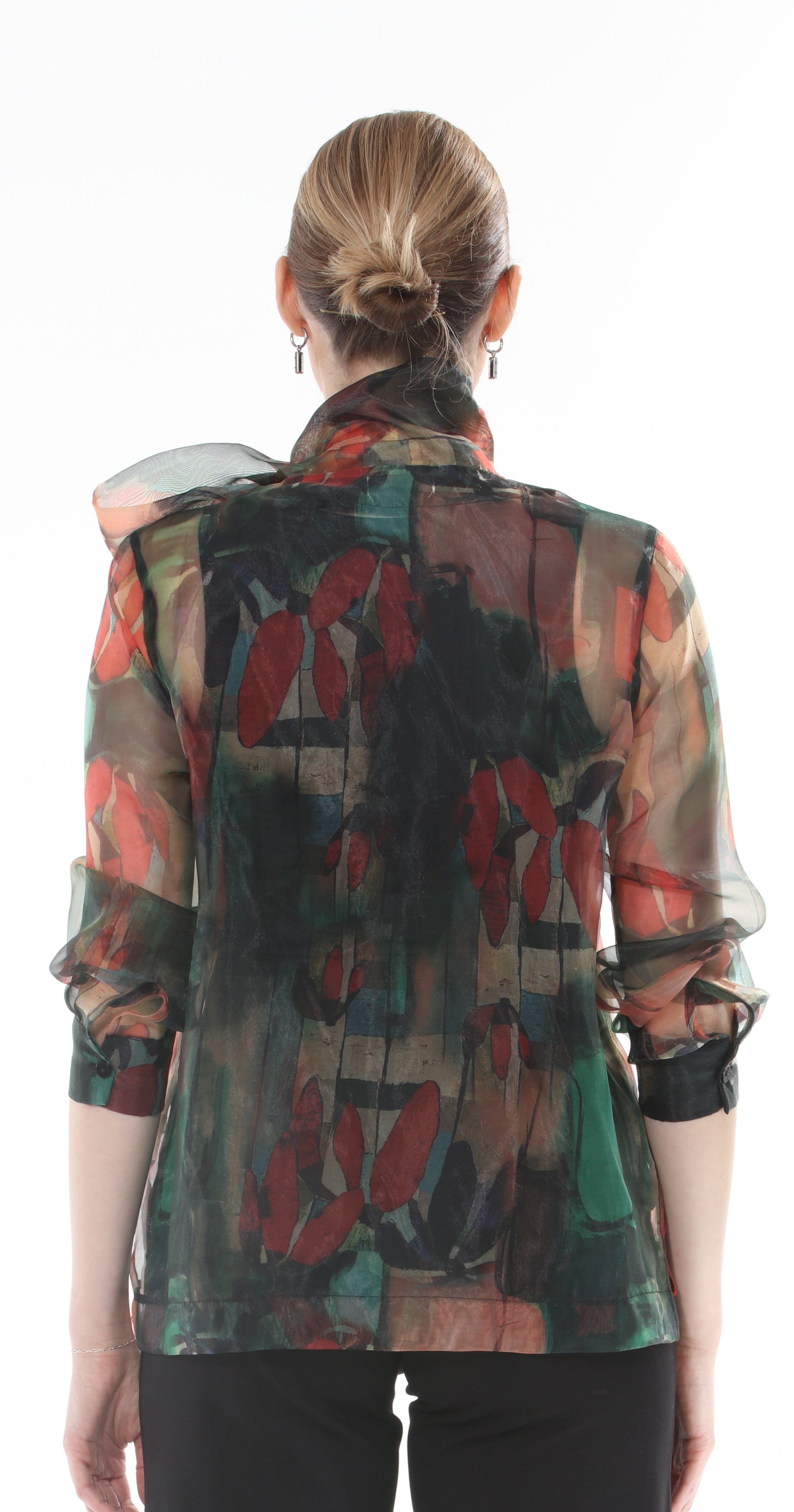 t1-4714 #1-Autumn:  Abstract print blouse with 3/4 sleeves and bow neckline