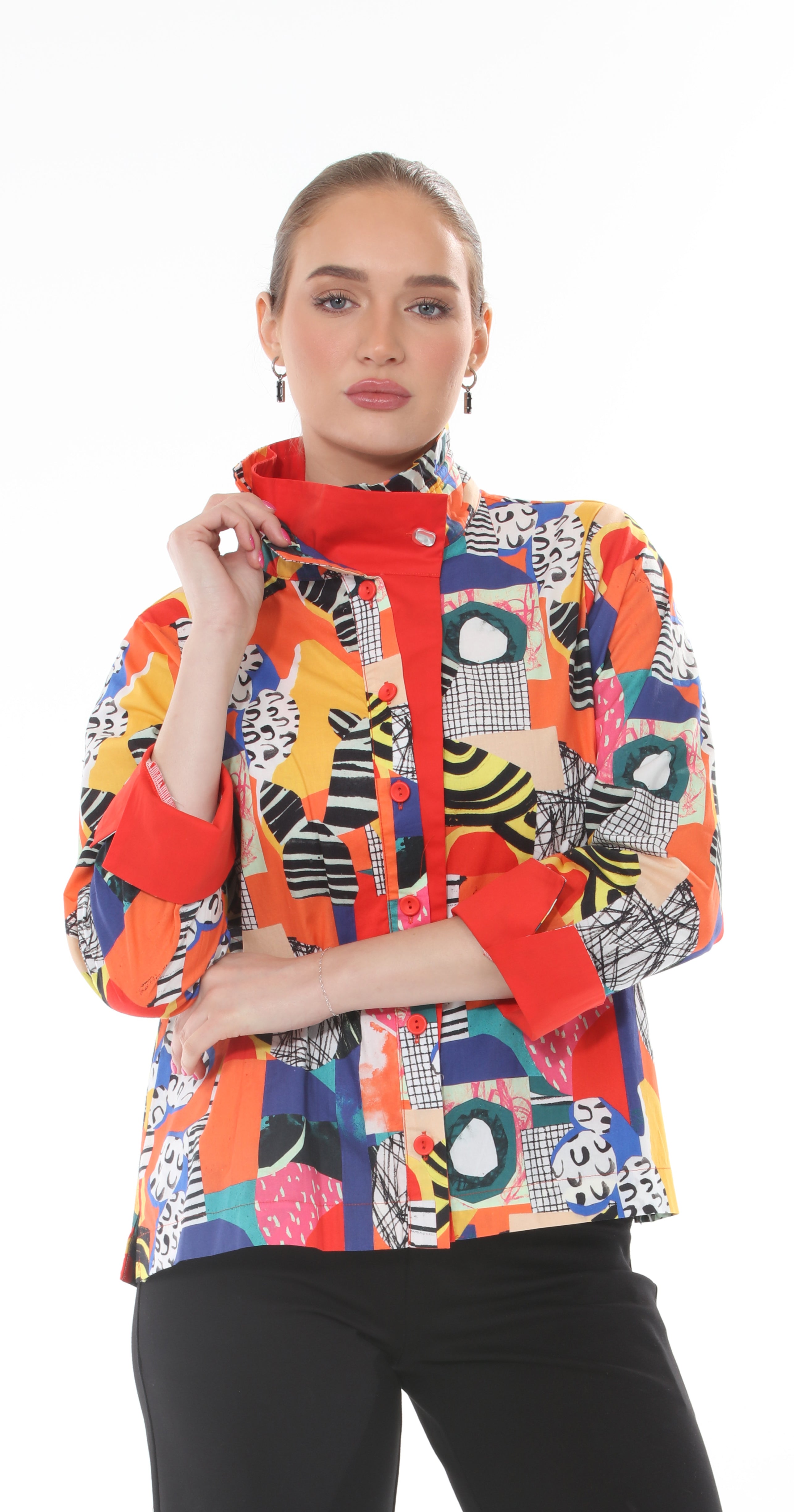 T1-4718 #1-Abstract:c 3/4 sleeve abstract print jacket with stand up collar