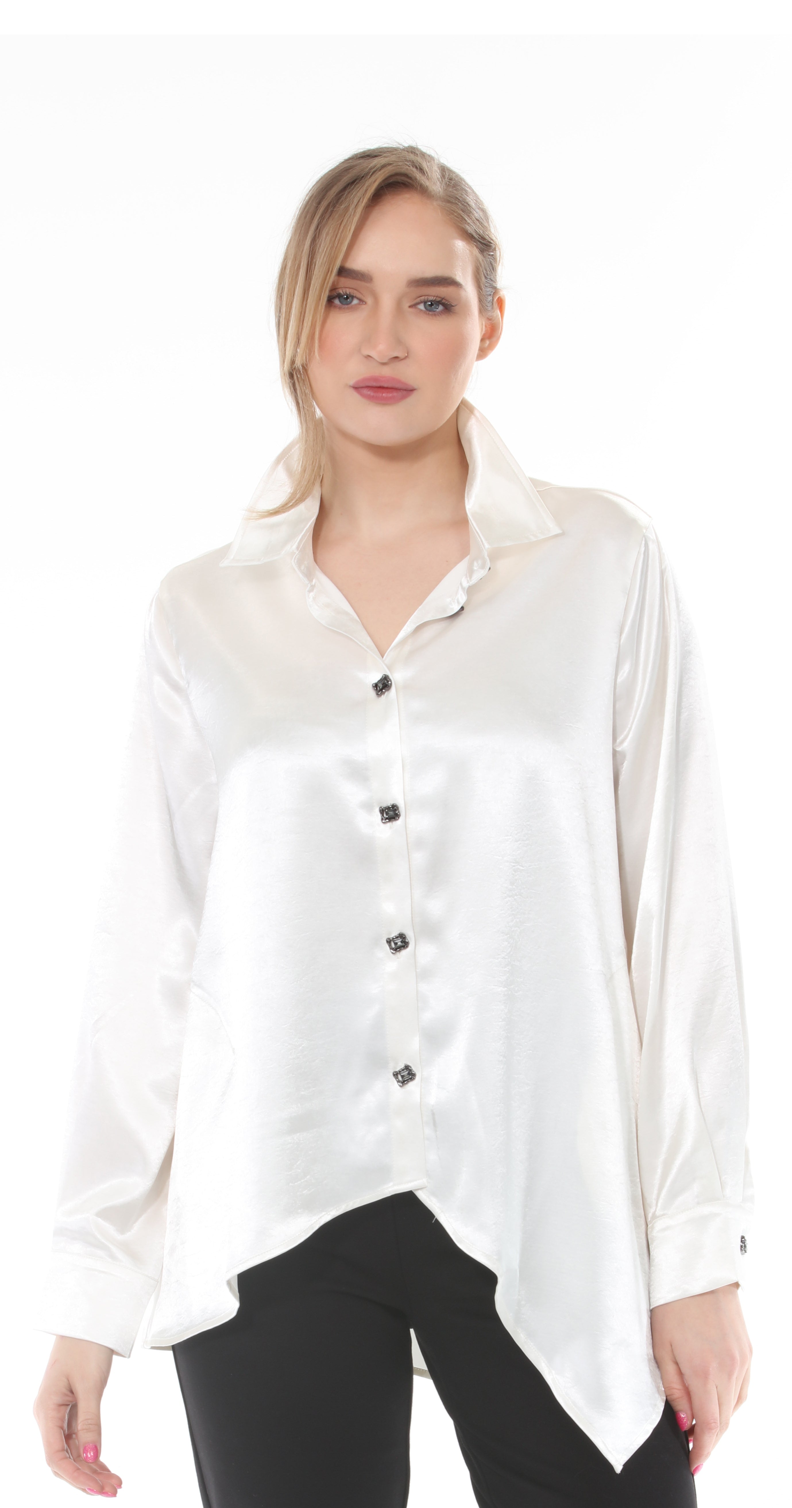T1-4720 #1 AUTUMN WHITE: Asymmetrical Hem, Satin, Button-down, Classic Collar, Long-sleeve Blouse