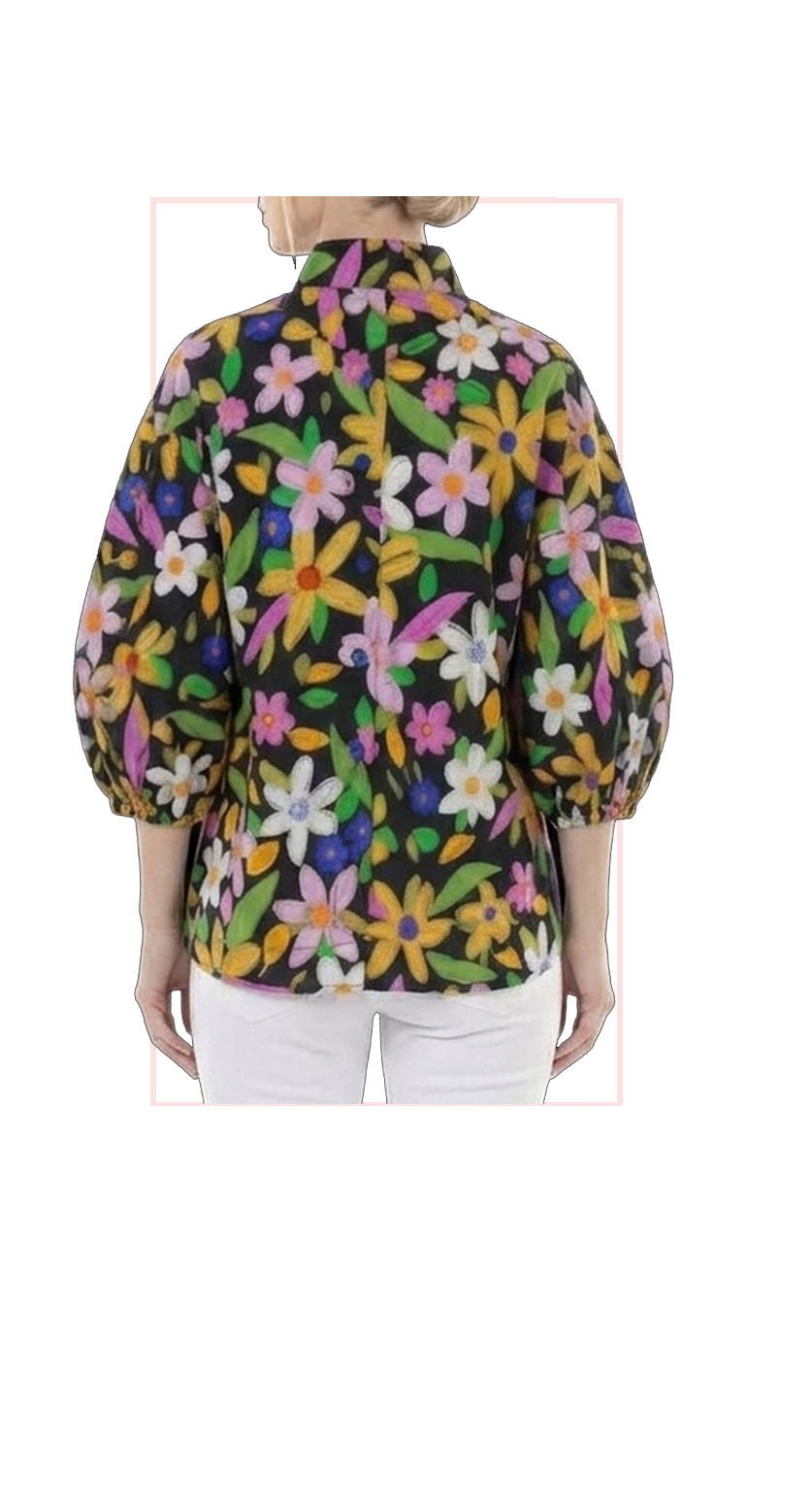 T1-4802 #1-Black Pink :  Floral Top with Stylish Puff Sleeves.