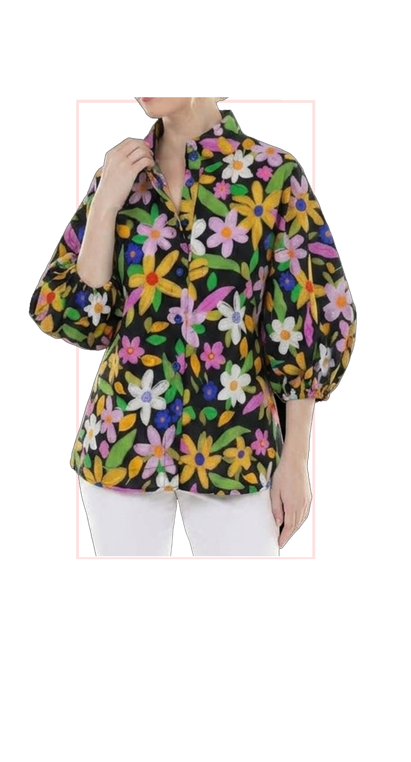 T1-4802 #1-Black Pink :  Floral Top with Stylish Puff Sleeves.