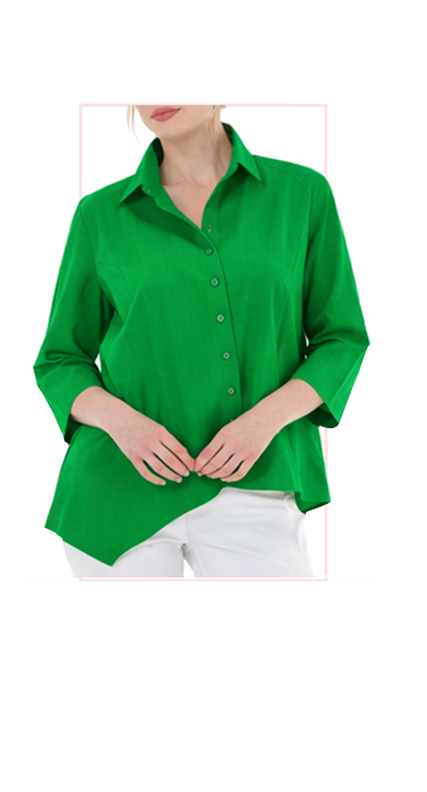 T1-4805 #1-Fuchsia, #2-Kelly Green :  Classic button down shirt with asymetrical hem
