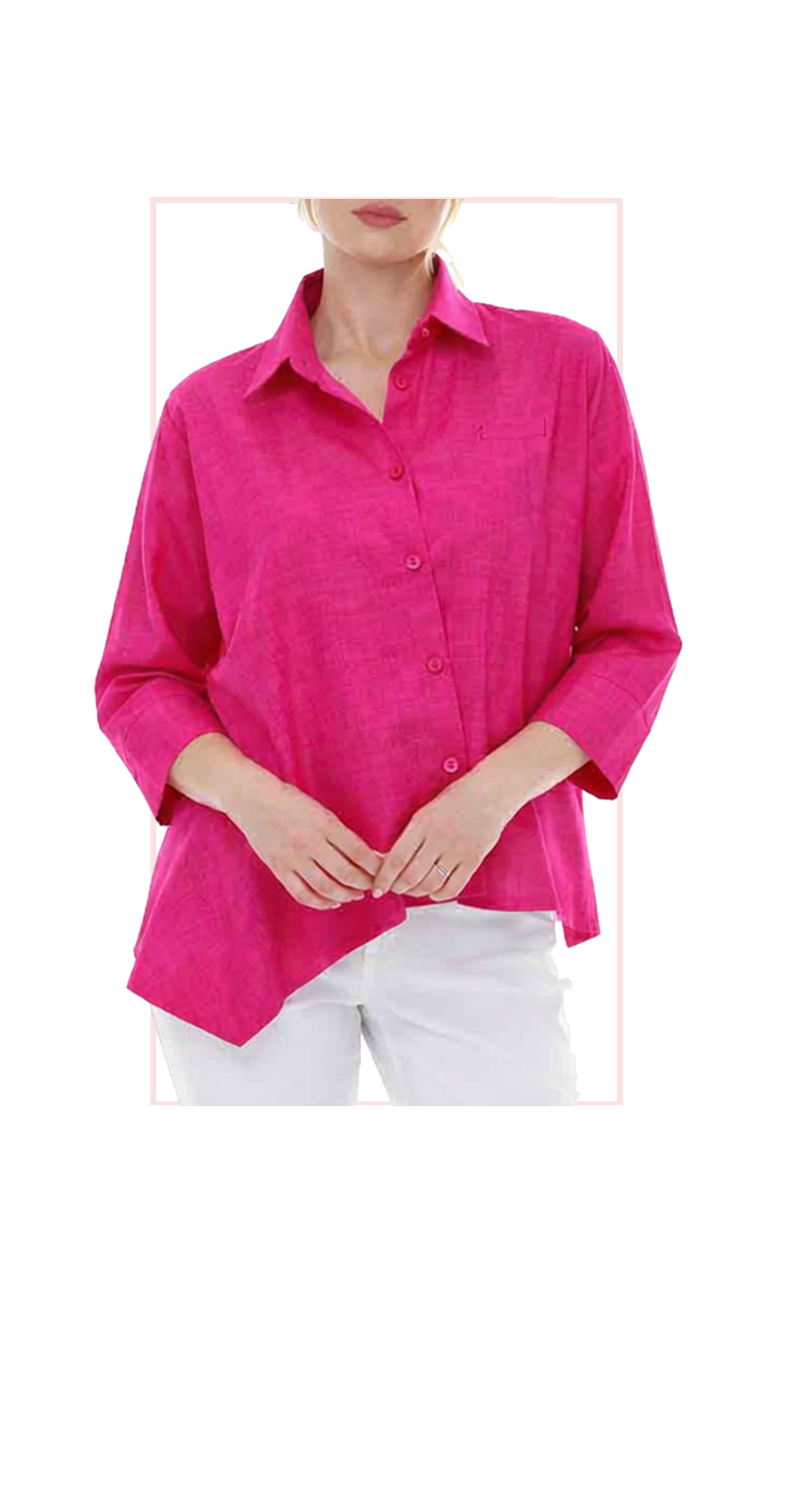 T1-4805 #1-Fuchsia, #2-Kelly Green :  Classic button down shirt with asymetrical hem