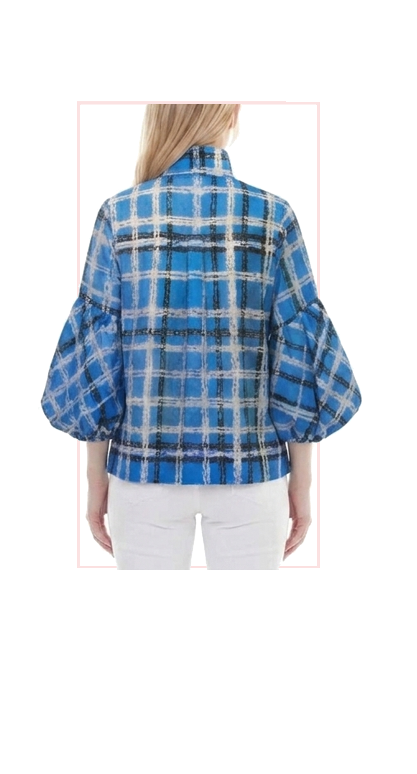 T1-4827 #1-summer blue : button down top with stand up collar and balloon sleeves