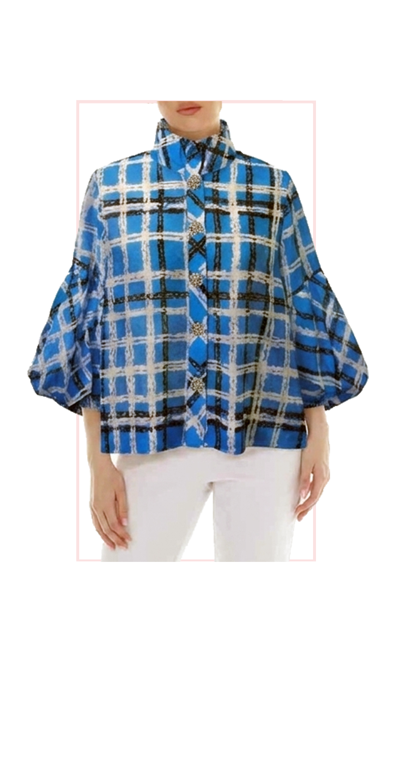 T1-4827 #1-summer blue : button down top with stand up collar and balloon sleeves