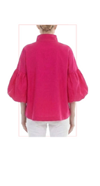 TF-4832 #1-FUCHSIA, #2-KELLY GREEN :  BUTTON DOWN STAND UP COLLAR BALLOON SLEEVE TOP