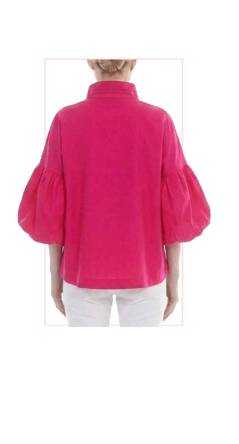 TF-4832 #1-FUCHSIA, #2-KELLY GREEN :  BUTTON DOWN STAND UP COLLAR BALLOON SLEEVE TOP