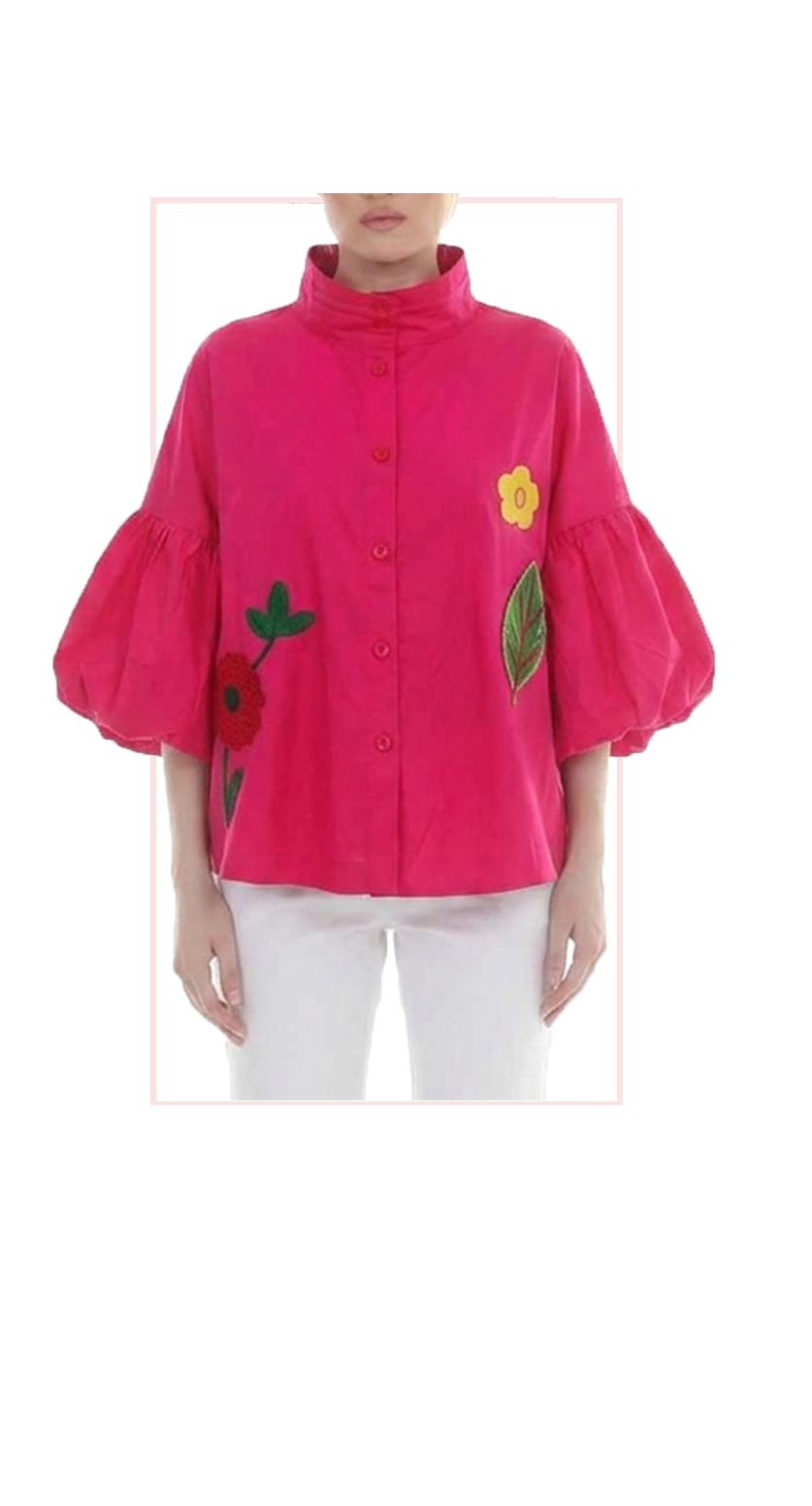 TF-4832 #1-FUCHSIA, #2-KELLY GREEN :  BUTTON DOWN STAND UP COLLAR BALLOON SLEEVE TOP