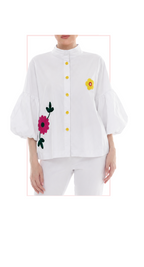 TF-4832 #1-FUCHSIA, #2-KELLY GREEN :  BUTTON DOWN STAND UP COLLAR BALLOON SLEEVE TOP
