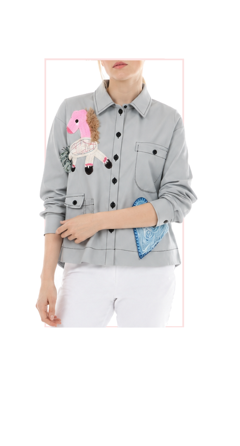 T1-4837A (with app.) #1-soft white, #2-vintage blue :  classic button down jacket with applique