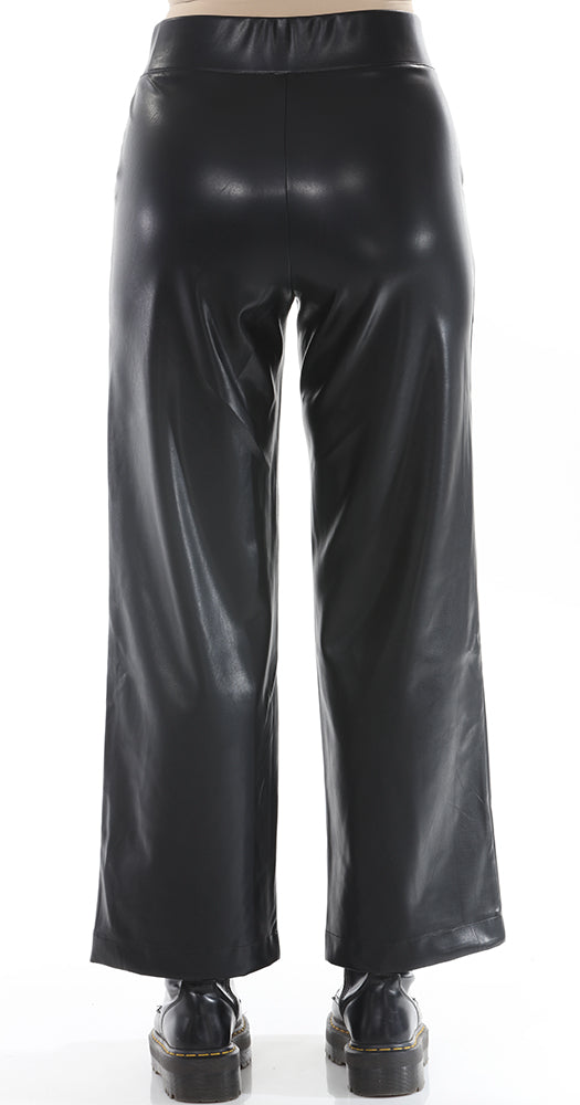 T1-7132 #1-BLACK: FASHION LEATHER STRETCH PANT WITH ELASTIC WAISTBAND AND 9" WIDE HEM