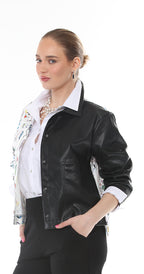 T2-4727 #2-Black:  Half-and-Half Statement Jacket.  1/2 black fashion leather 1/2 fun print.