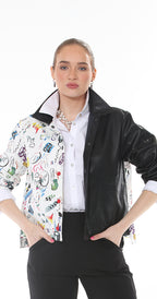 T2-4727 #2-Black:  Half-and-Half Statement Jacket.  1/2 black fashion leather 1/2 fun print.