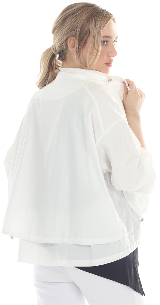 T2621 black button-up jacket with long sleeves and a slightly cropped hemline.