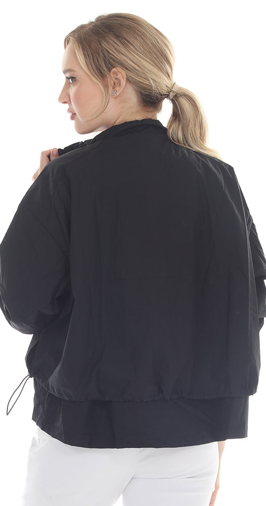T2621 black button-up jacket with long sleeves and a slightly cropped hemline.