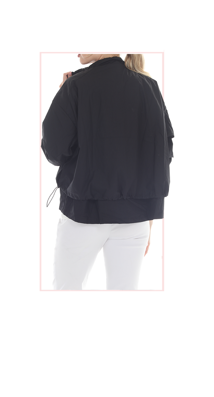 T2621 black button-up jacket with long sleeves and a slightly cropped hemline.