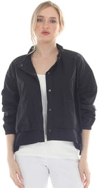 T2621 black button-up jacket with long sleeves and a slightly cropped hemline.
