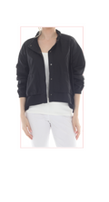 T2621 black button-up jacket with long sleeves and a slightly cropped hemline.