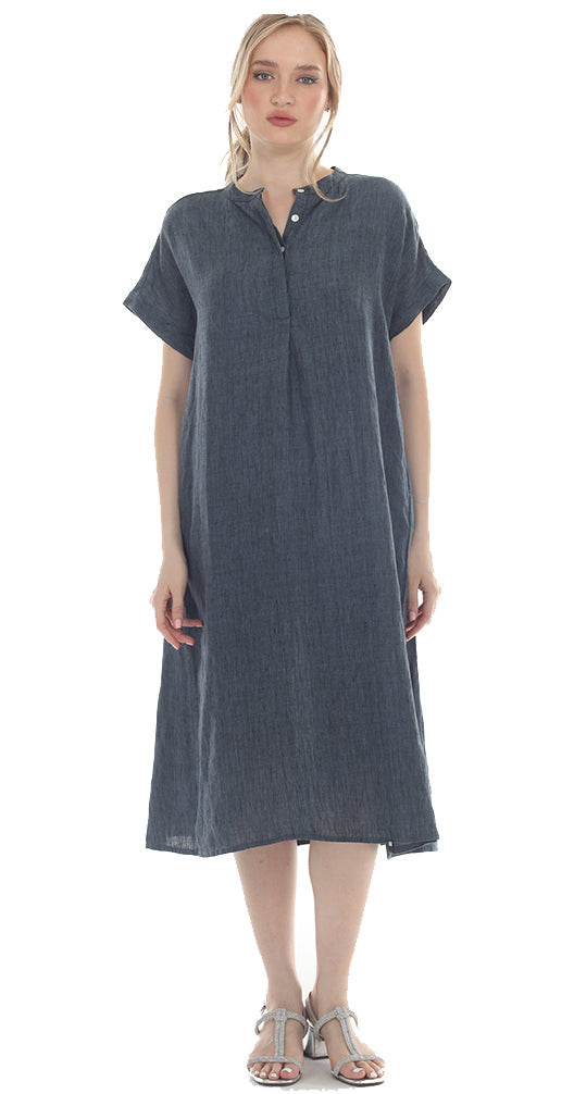 T2629 Loose-Fit Linen Midi Dress with short sleeves and denim color