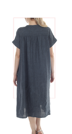 T2629 Loose-Fit Linen Midi Dress with short sleeves and denim color