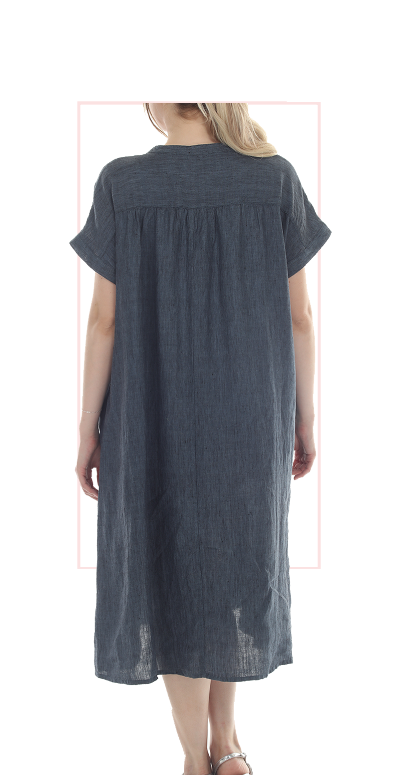 T2629 Loose-Fit Linen Midi Dress with short sleeves and denim color