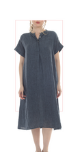 T2629 Loose-Fit Linen Midi Dress with short sleeves and denim color