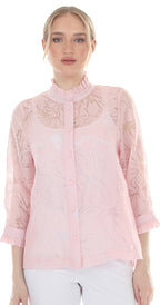 T4645 3/4 SLEEVE SHEER BUTTON DOWN BLOUSE WITH STAND UP COLLAR