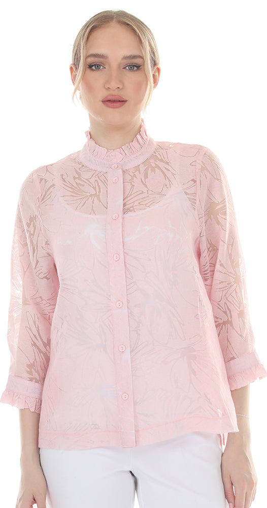T4645 3/4 SLEEVE SHEER BUTTON DOWN BLOUSE WITH STAND UP COLLAR